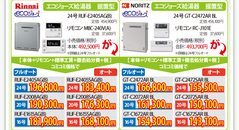 エコジョーズ給湯器 据置型の価格