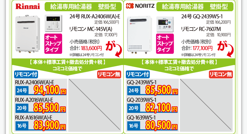 給湯専用給湯器の価格