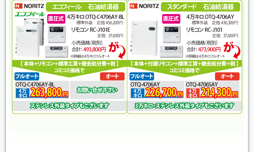 石油給湯機器の価格